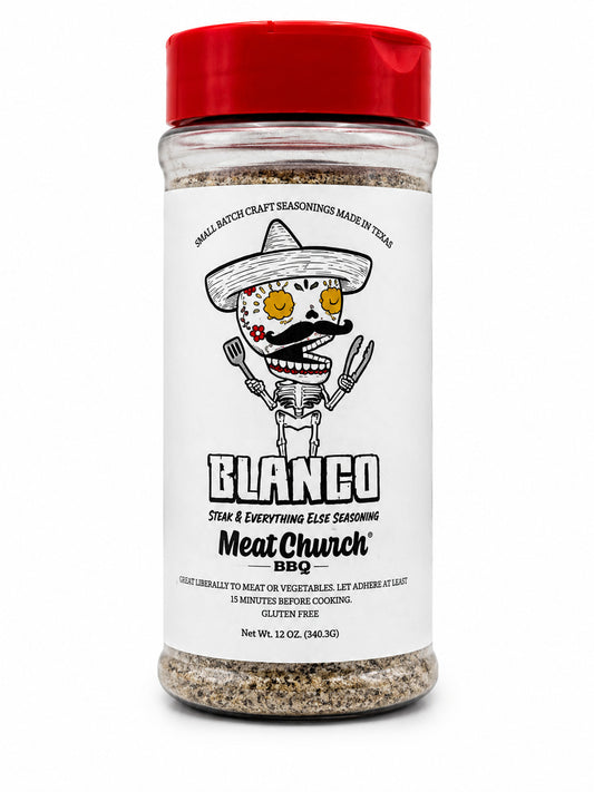 Spice jar with a red lid labeled 'Meat Church' on a white background