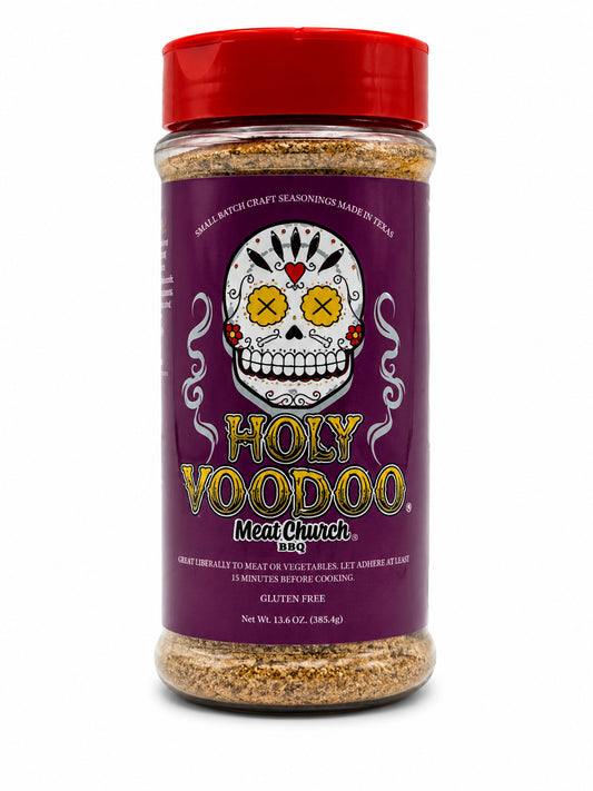 Spice jar with red lid and purple label featuring a skull design on a white background