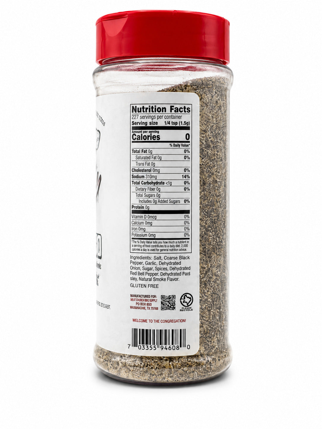 Spice jar with a red lid and nutrition label on a white background
