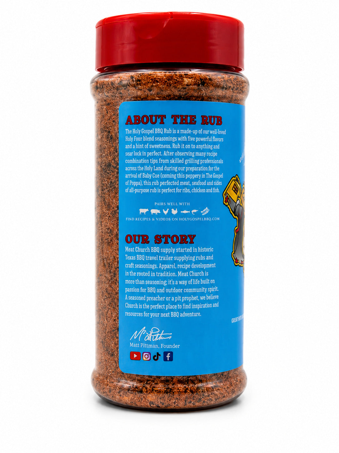 Spice jar with a red lid and blue label on a white background