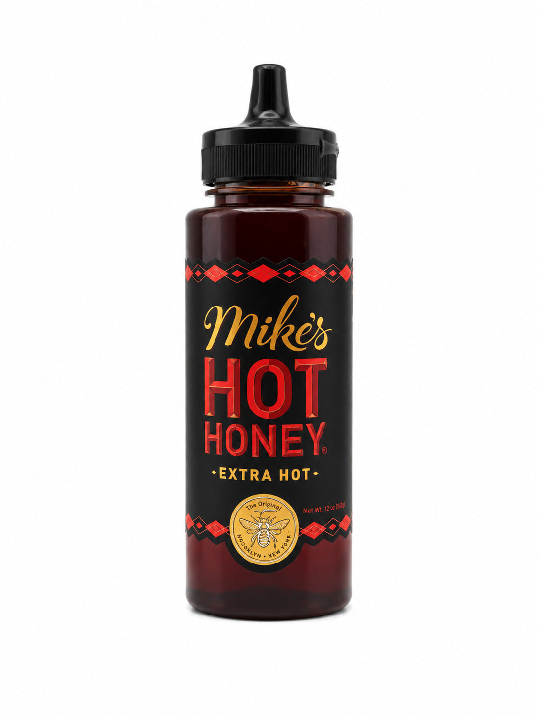 Bottle of Mike's Extra Hot Honey on a white background