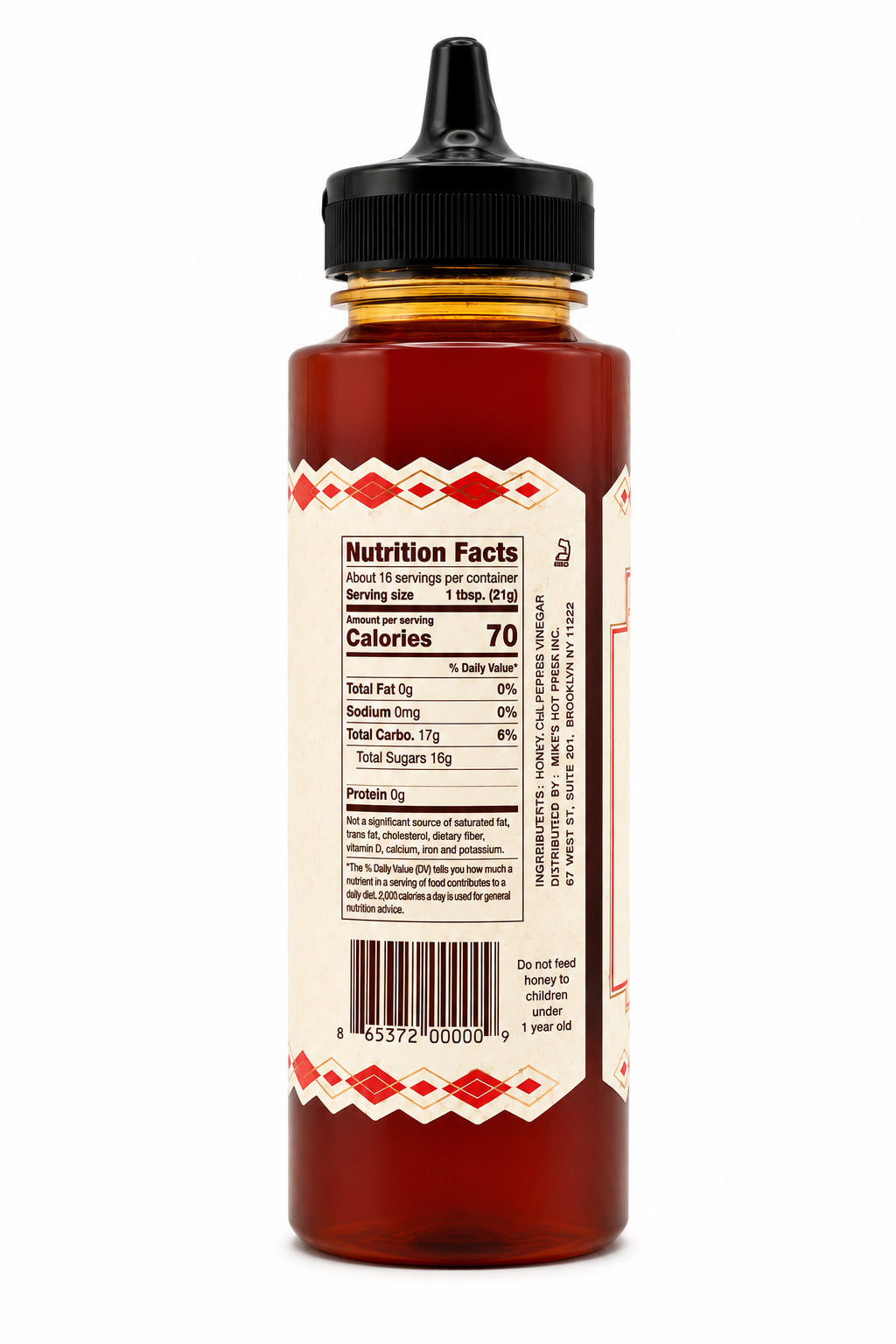 Bottle of Mike's Hot Honey with a nutrition facts and ingredients label on a white background
