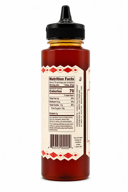 Bottle of Mike's Hot Honey with a nutrition facts and ingredients label on a white background