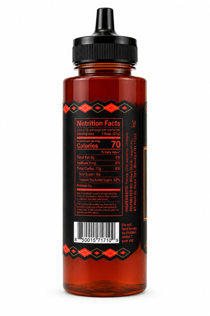 Bottle of Mike's Extra Hot Honey with a nutrition facts label on a white background