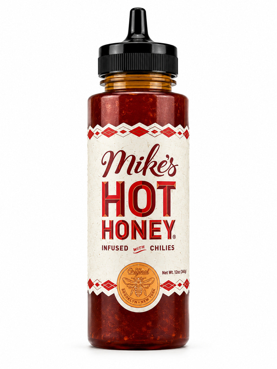 Bottle of Mike's Hot Honey with a white label on a white background