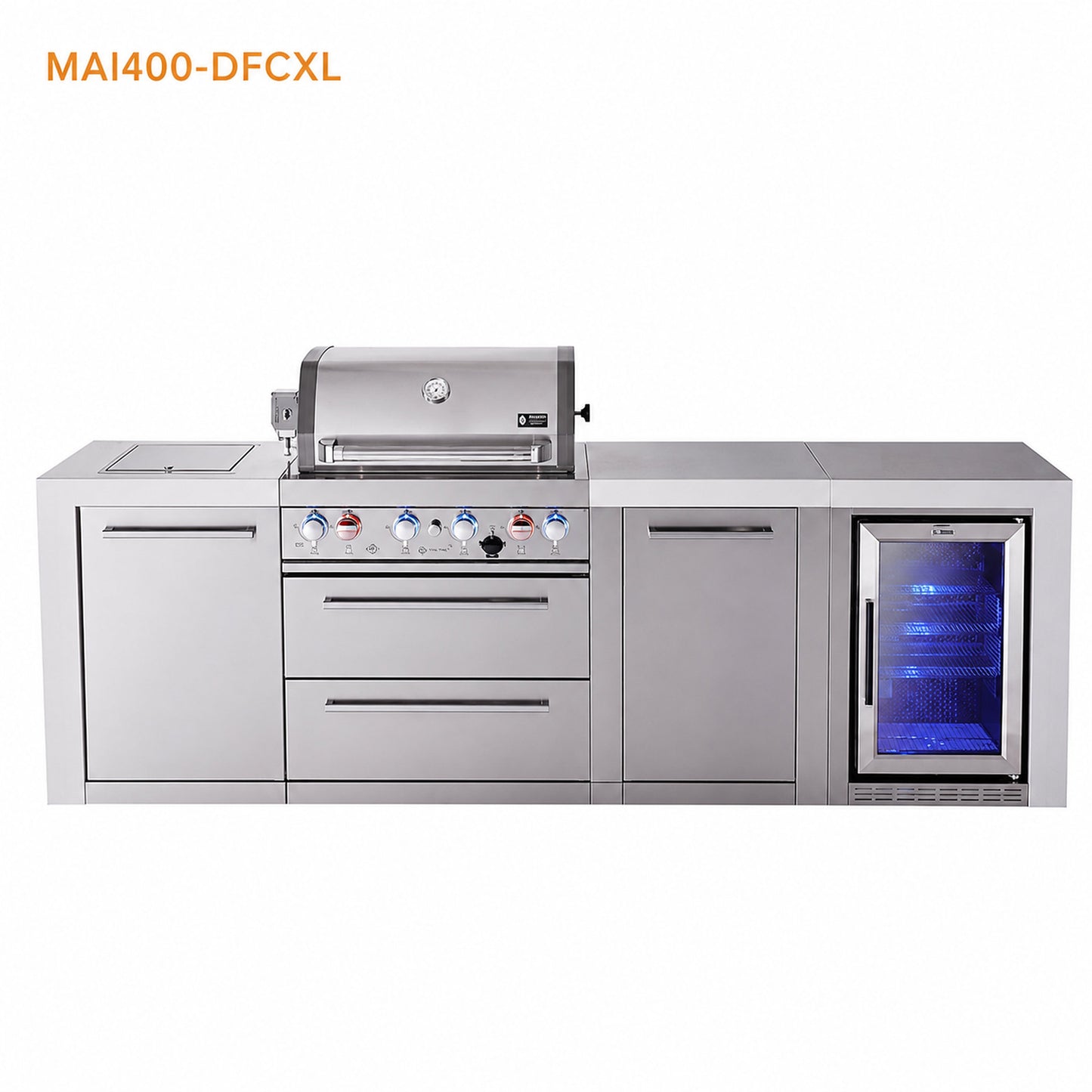Mont Alpi MAi400-DFCXL Outdoor Kitchen with Refrigerator and Storage on a white background