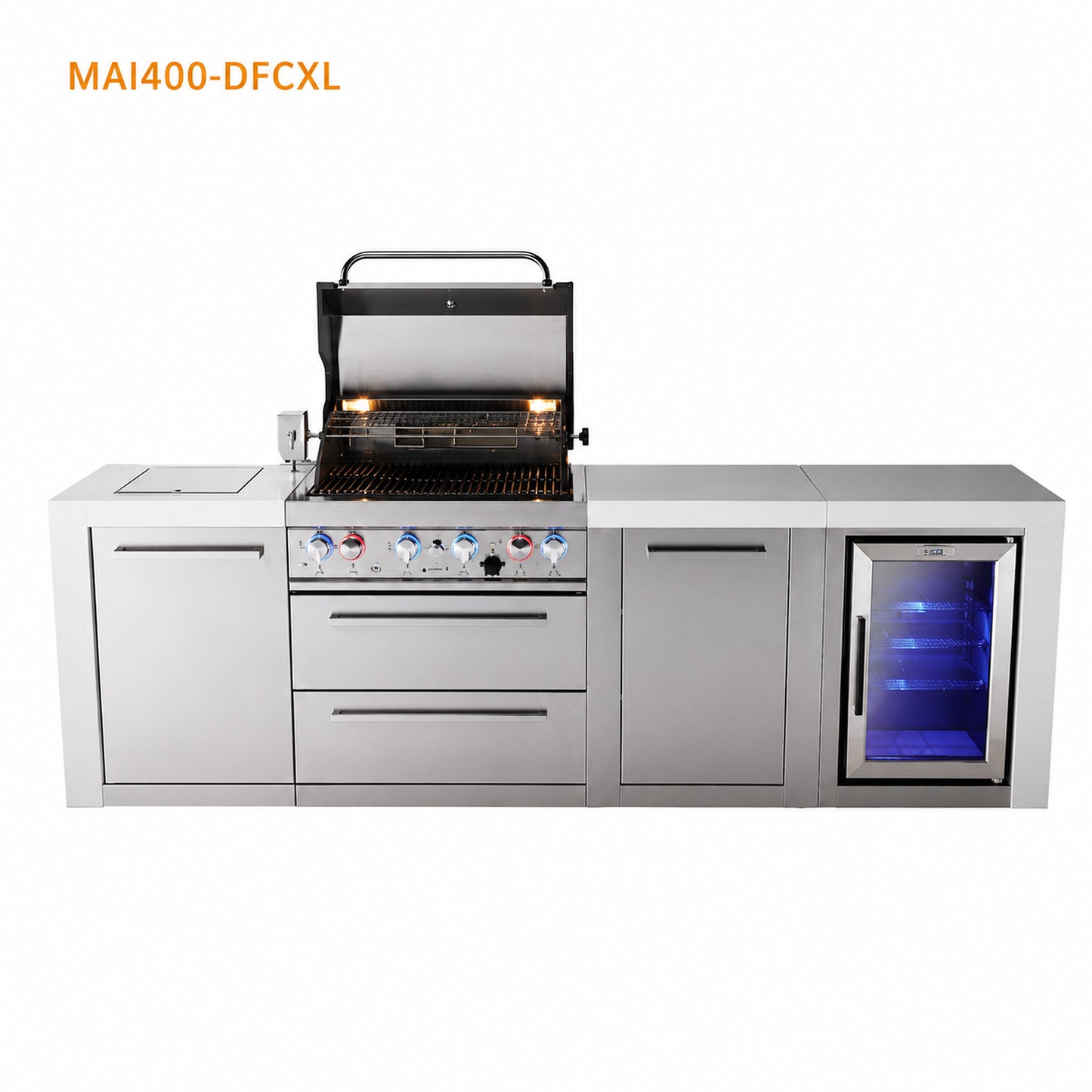 Mont Alpi MAi400-DFCXL Outdoor Kitchen with Refrigerator and Storage with grill lid open on a white background
