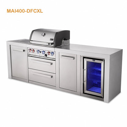 Mont Alpi MAi400-DFCXL Outdoor Kitchen with Refrigerator and Storage on an angle on a white background