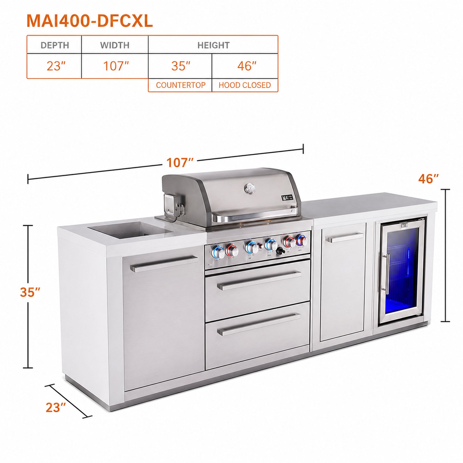 Mont Alpi MAi400-DFCXL Outdoor Kitchen with Refrigerator and Storage spec sheet 