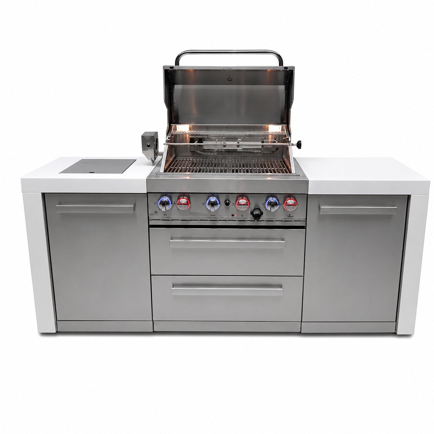 Mont Alpi MAi400-D Outdoor Kitchen Island with grill lid open on a white background