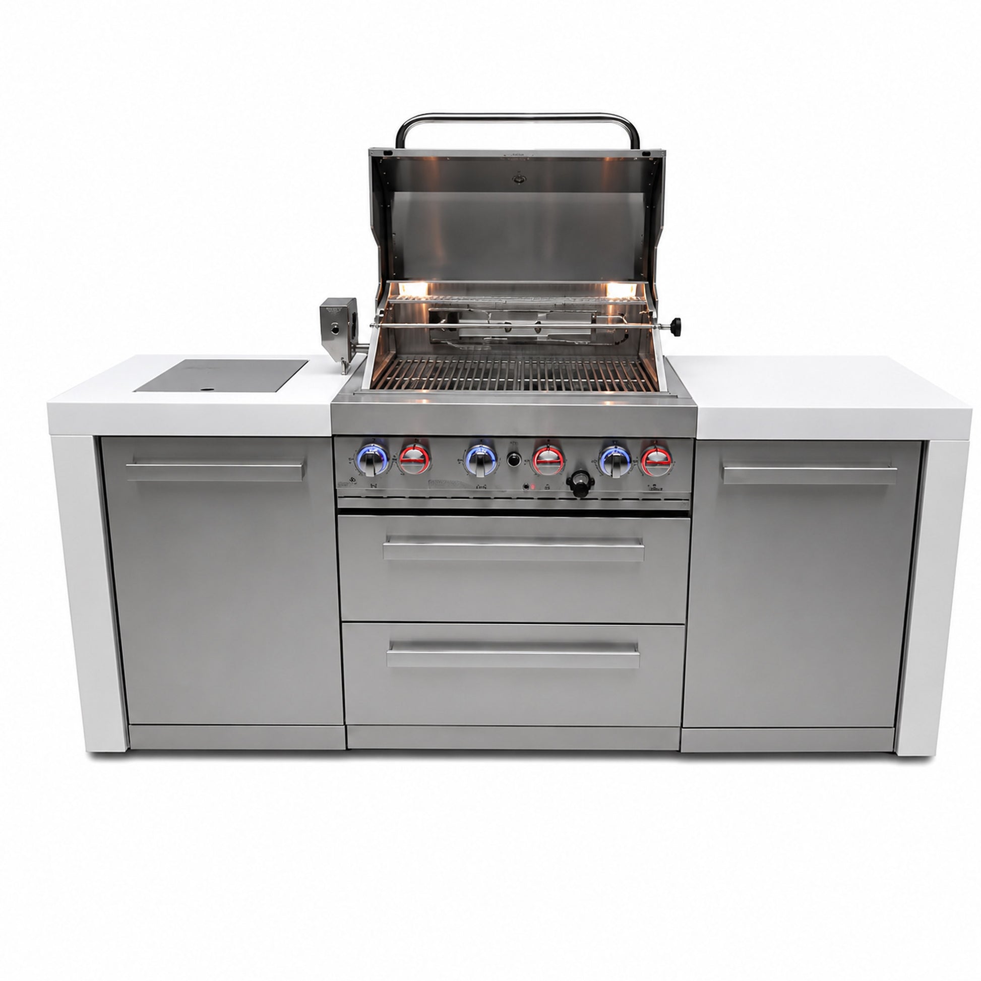 Mont Alpi MAi400-D Outdoor Kitchen Island with grill lid open on a white background