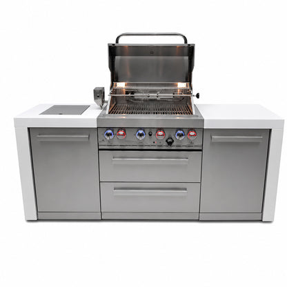 Mont Alpi MAi400-D Outdoor Kitchen Island with grill lid open on a white background