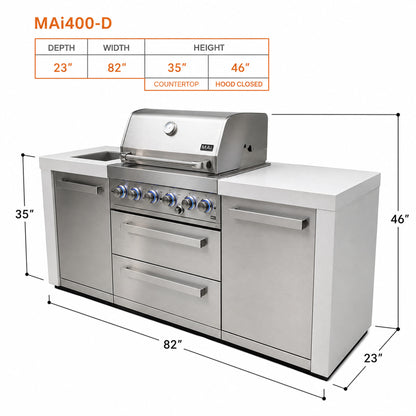 Mont Alpi MAi400-D Outdoor Kitchen Island with island specs on a white background