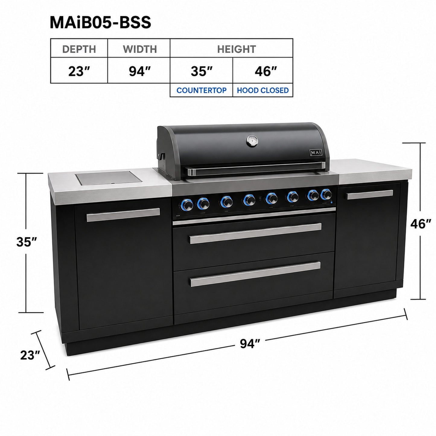Mont Alpi MAi805-BSS Black Series 6-Burner Outdoor Kitchen Spec Sheet on a white background