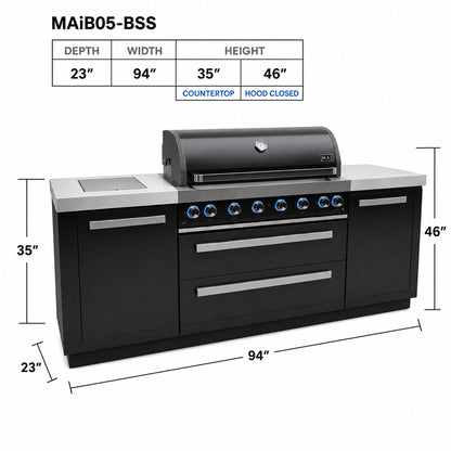 Mont Alpi MAi805-BSS Black Series 6-Burner Outdoor Kitchen Spec Sheet on a white background