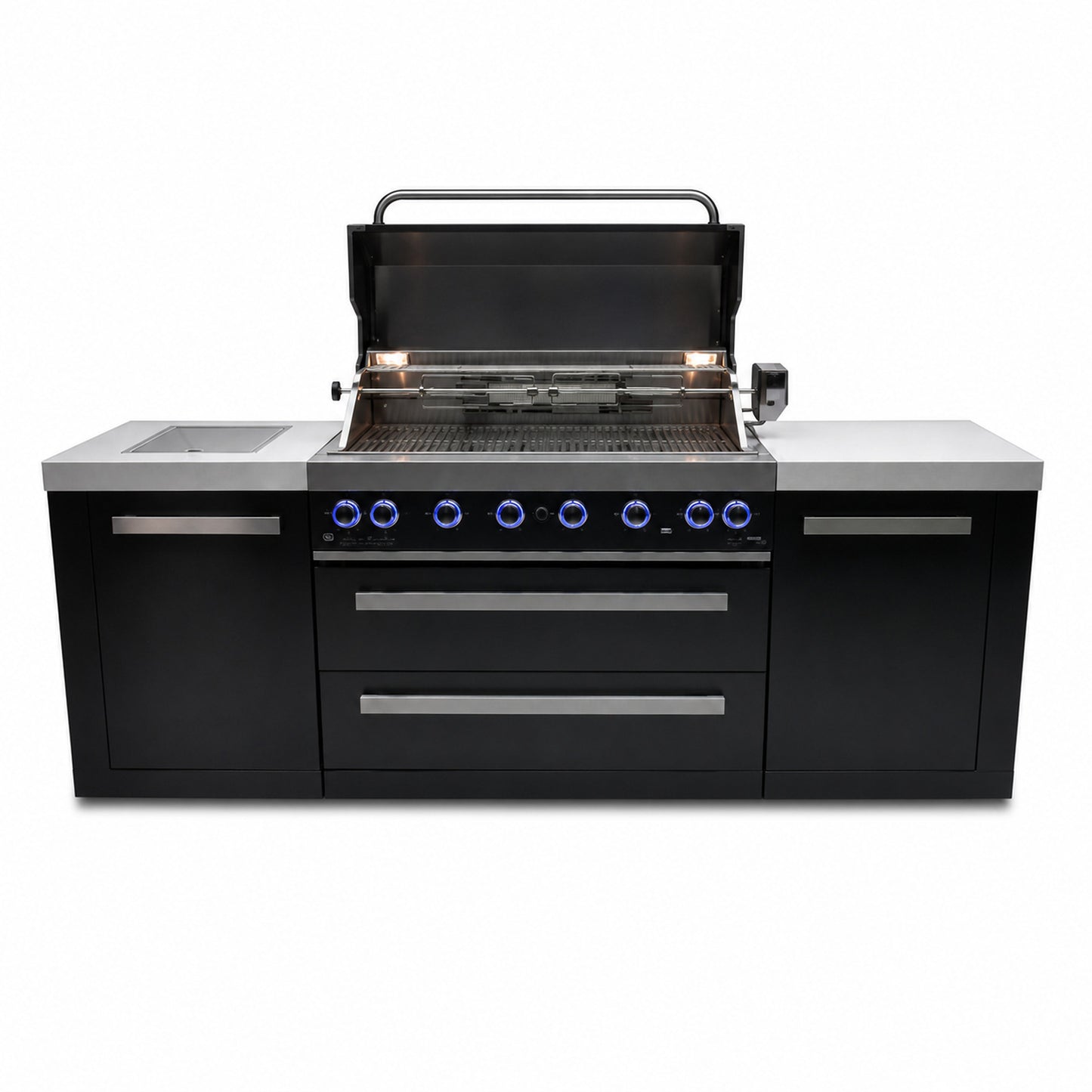 Mont Alpi MAi805-BSS Black Series 6-Burner Outdoor Kitchen with grill lid open on a white background