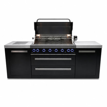 Mont Alpi MAi805-BSS Black Series 6-Burner Outdoor Kitchen with grill lid open on a white background