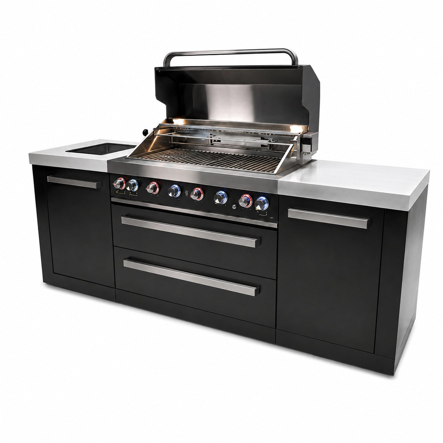 Mont Alpi MAi805-BSS Black Series 6-Burner Outdoor Kitchen on an angle with grill lid open on a white background