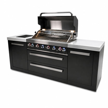 Mont Alpi MAi805-BSS Black Series 6-Burner Outdoor Kitchen on an angle with grill lid open on a white background