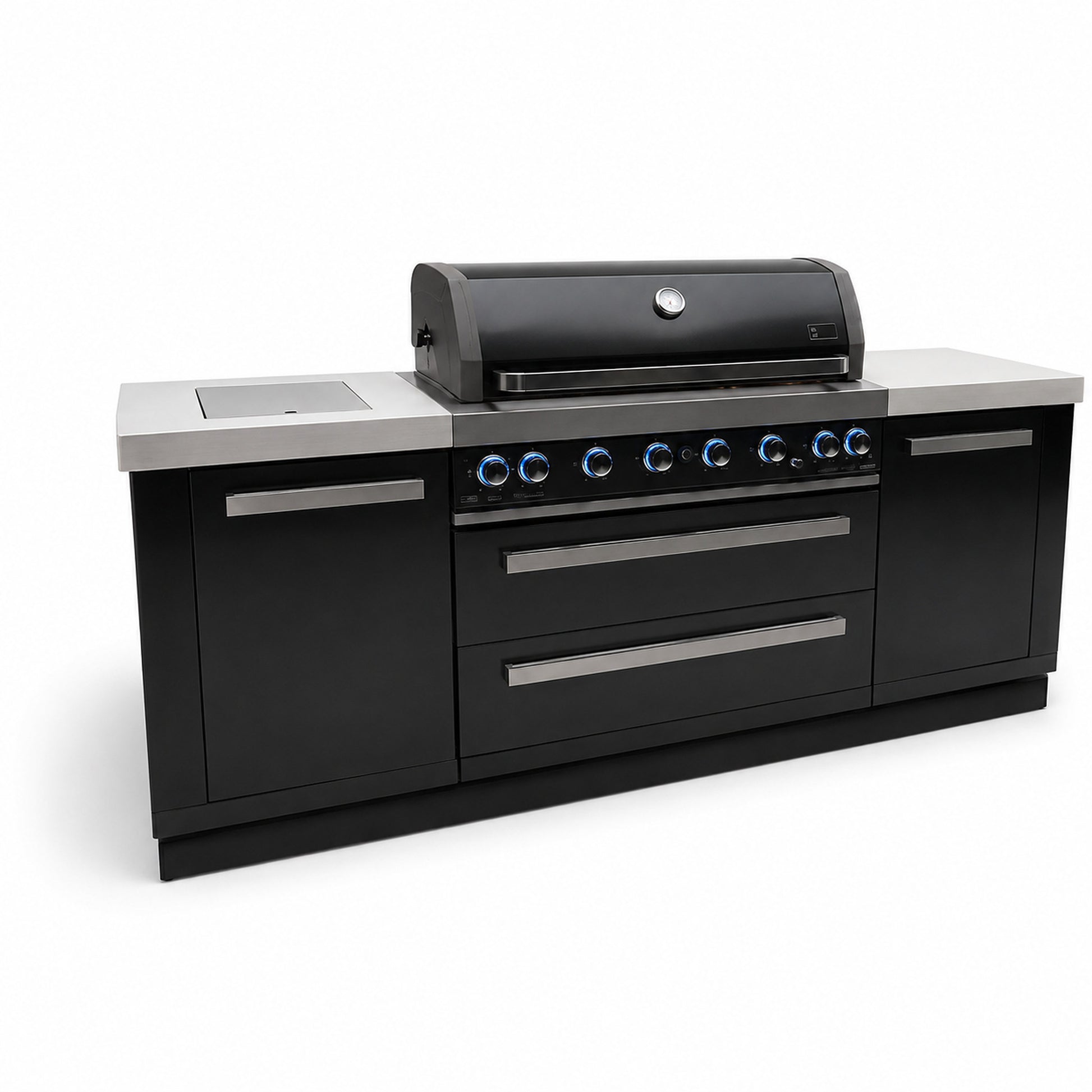 Mont Alpi MAi805-BSS Black Series 6-Burner Outdoor Kitchen on an angle on a white background