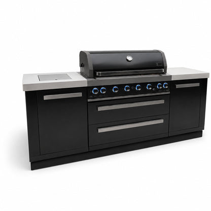Mont Alpi MAi805-BSS Black Series 6-Burner Outdoor Kitchen on an angle on a white background