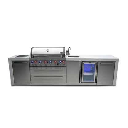Mont Alpi Stainless steel outdoor kitchen island with grill and refrigerator on a white background
