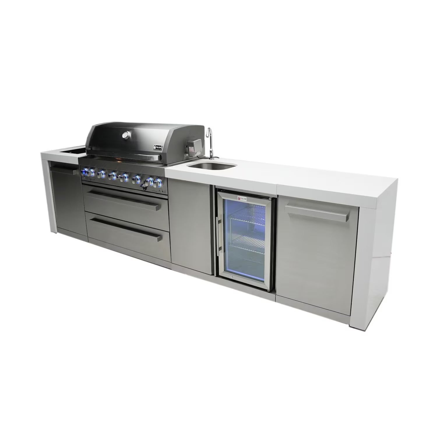 Mont Alpi Outdoor kitchen island with grill, sink, and refrigerator on a white background