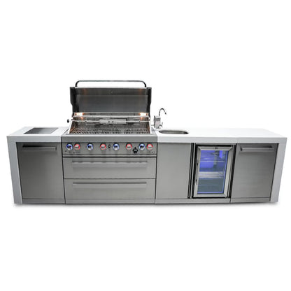 Mont Alpi Outdoor kitchen island with grill, sink, and refrigerator on a white background
