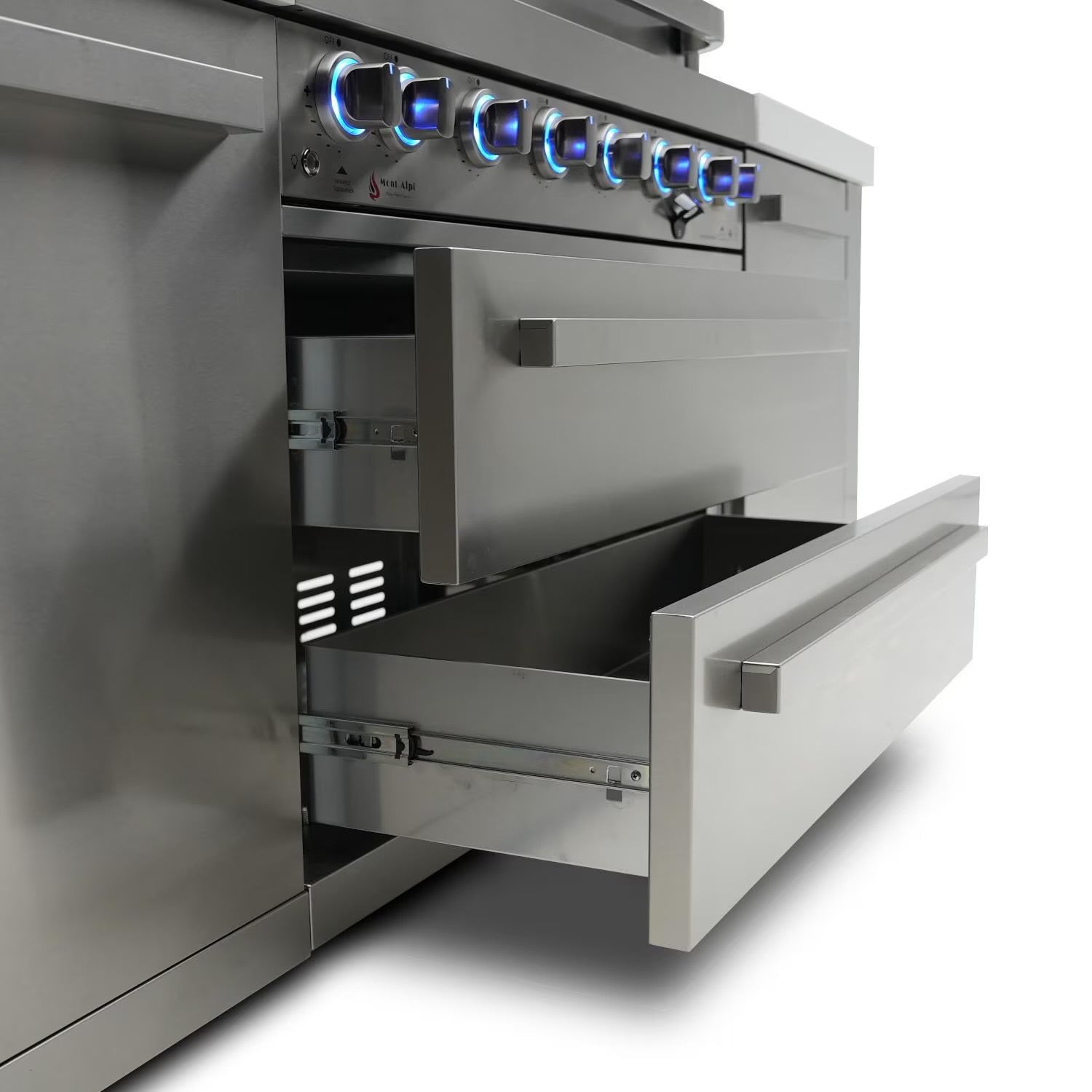 Mont Alpi Stainless steel grill with a drawer open on a white background