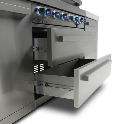 Mont Alpi Stainless steel grill with a drawer open on a white background