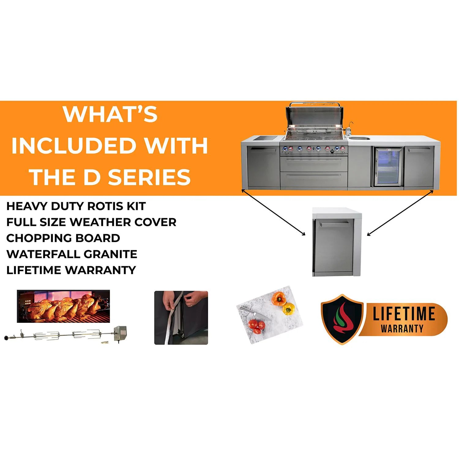 Mont Alpi Outdoor kitchen series D with features listed on an orange and white background