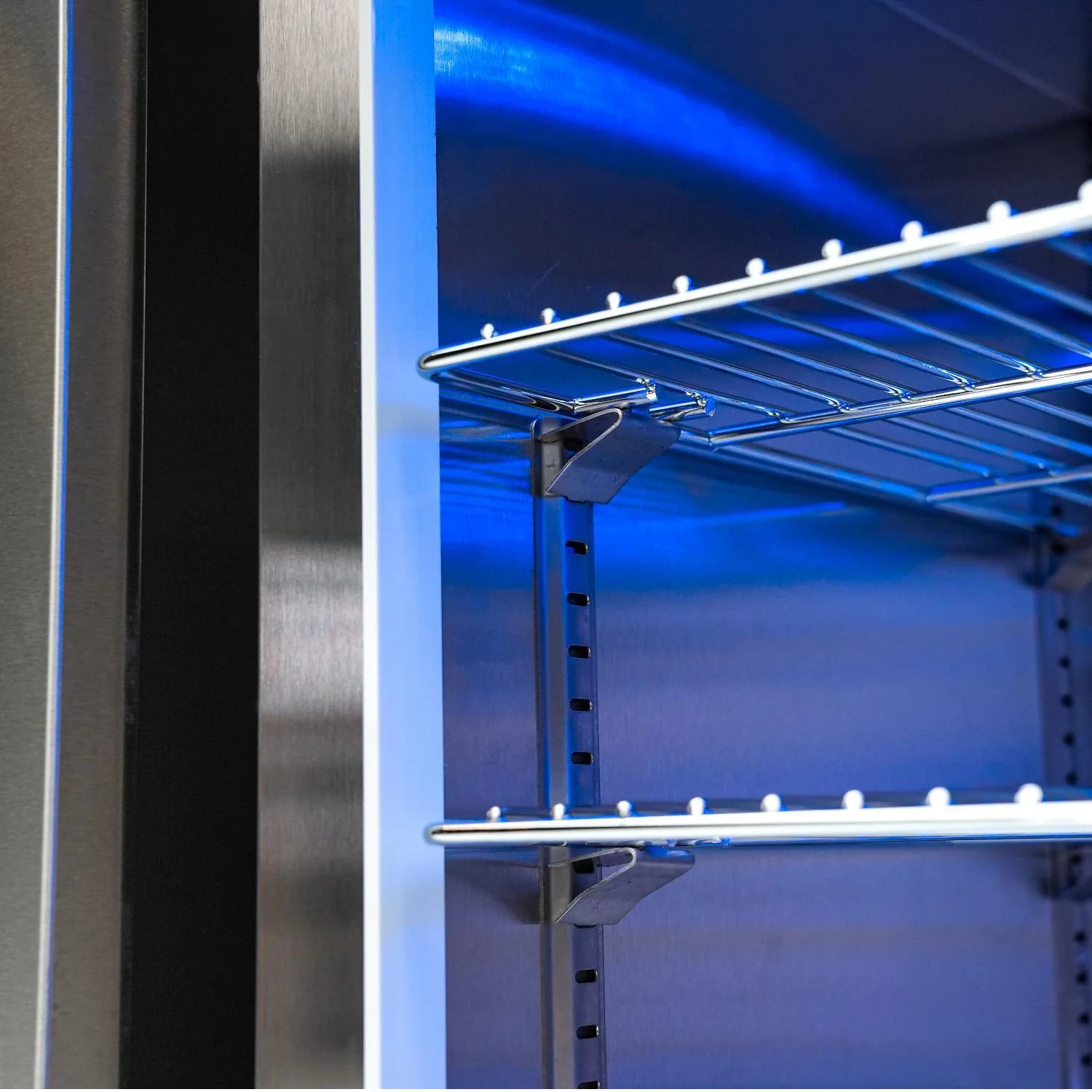 Mont Alpi Metal shelving unit with blue light inside a refrigerator 