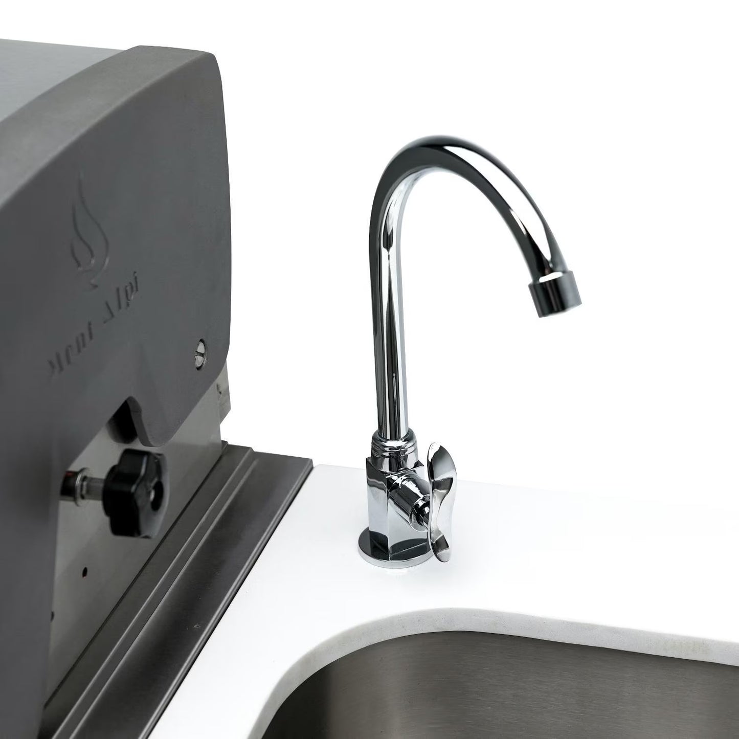 Mont Alpi Chrome kitchen faucet on a white countertop with a neutral background