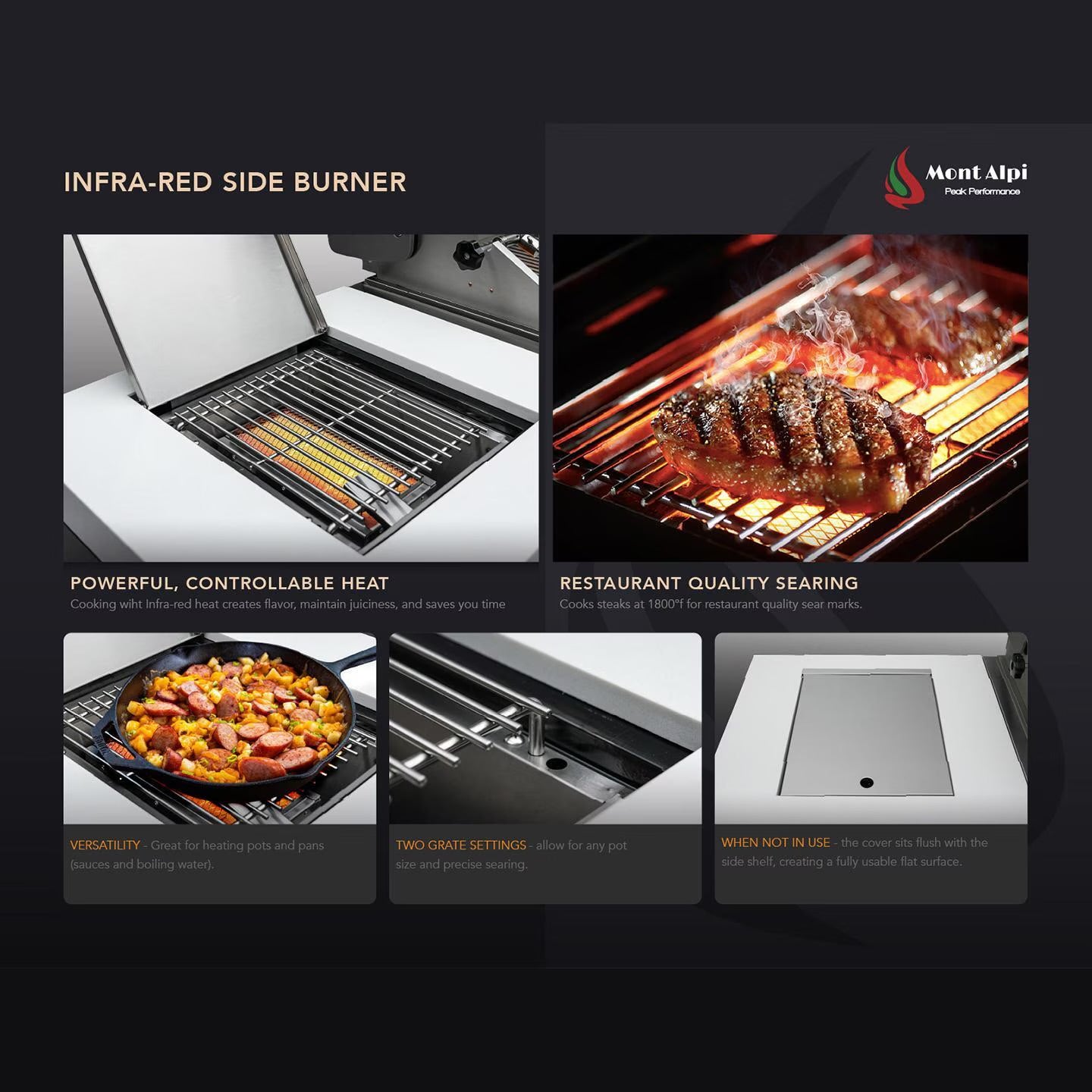 Mont Alpi infra-red side burner with cooking demonstrations on a black background