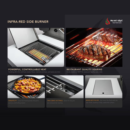 Mont Alpi infra-red side burner with cooking demonstrations on a black background