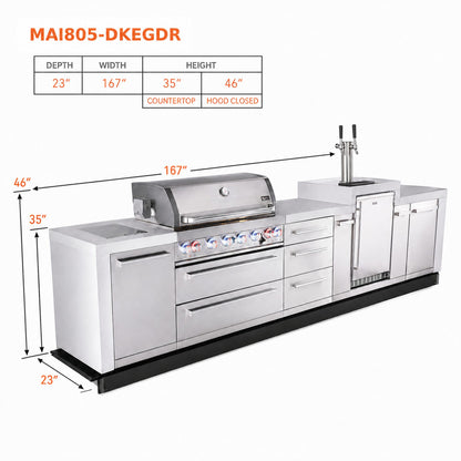 Mont Alpi MAi805-DKEGDR Deluxe Outdoor Kitchen with Kegerator and Drawer Storage spec sheet on a white background
