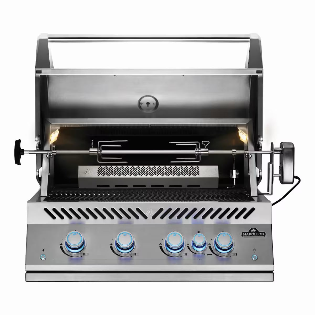 Napoleon Built-In 700 Series 32" with Infrared Rear Burner with lid open and with rotisserie on a white background