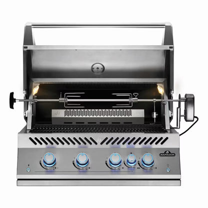 Napoleon Built-In 700 Series 32" with Infrared Rear Burner with lid open and with rotisserie on a white background
