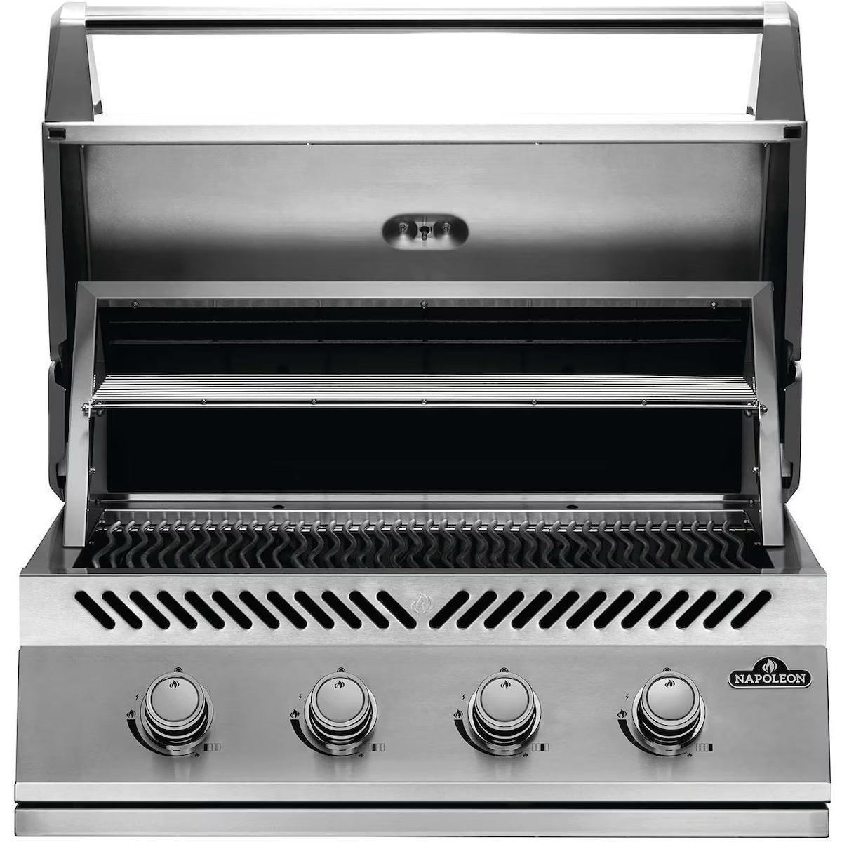 Napoleon Built-In 500 Series 32-Inch Grill with lid open on a white background