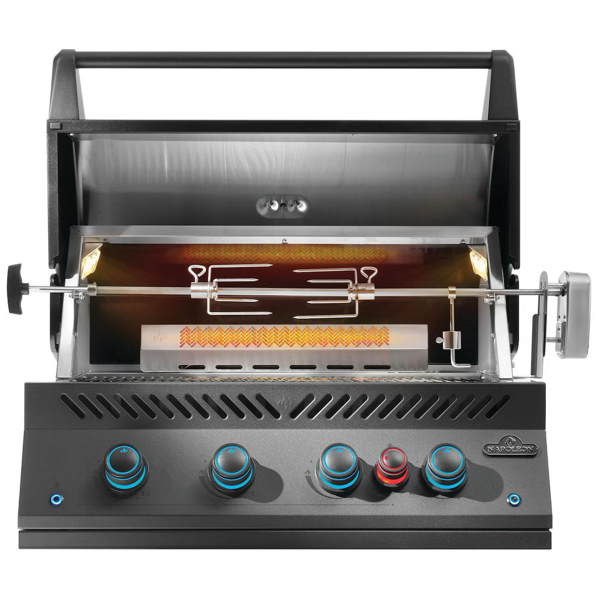 Napoleon Built-In 700 Series 32" with Infrared Rear Burner Propane, Matte Black with lid open on a white background