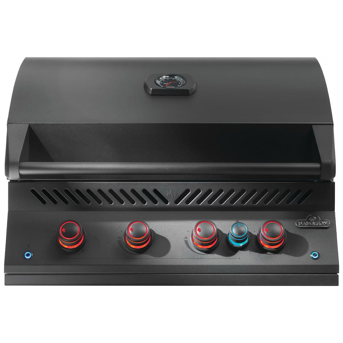 Napoleon Built-In 700 Series 32" with Infrared Rear Burner Propane, Matte Black with knobs illuminated on a white background