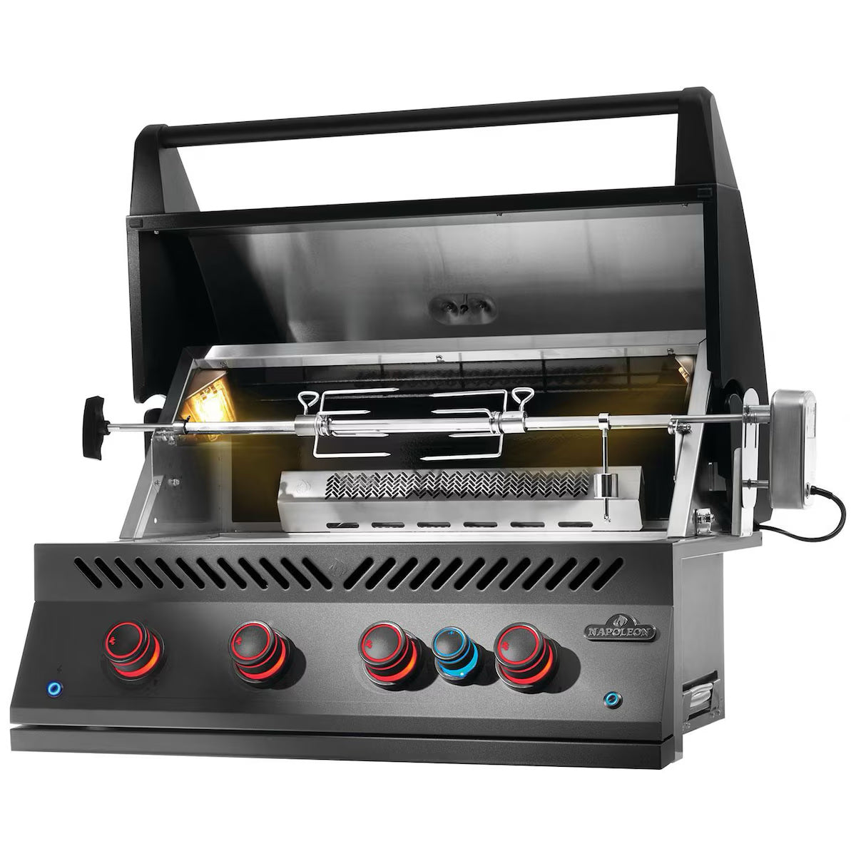 Napoleon Built-In 700 Series 32" with Infrared Rear Burner Propane, Matte Black with lid open and rotisserie kit showing on a white background