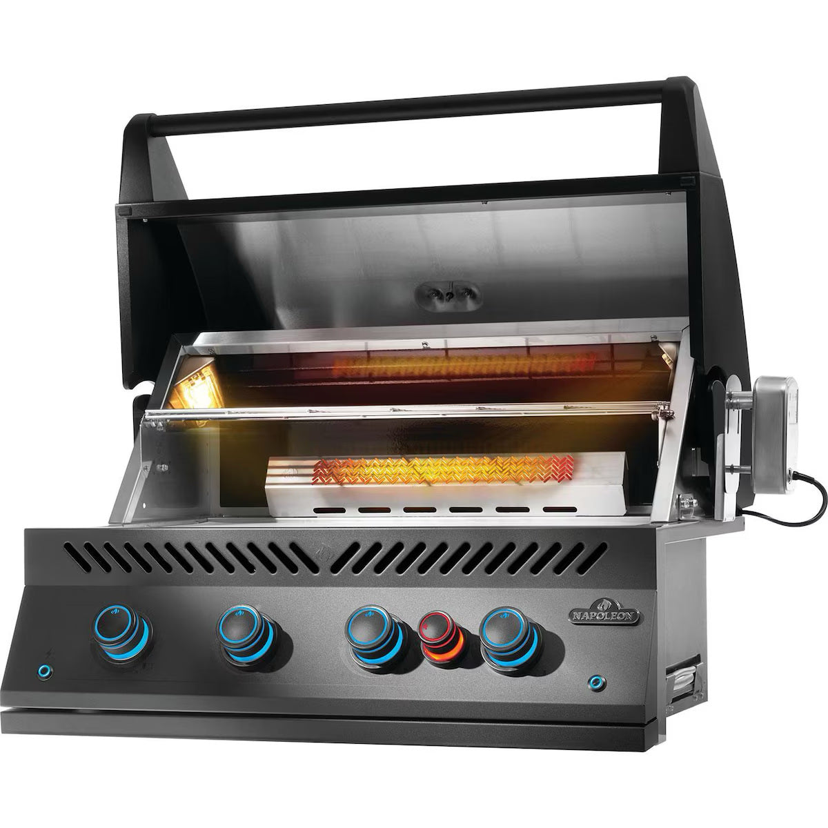 Napoleon Built-In 700 Series 32" with Infrared Rear Burner Propane, Matte Black with lid open on an angle on a white background