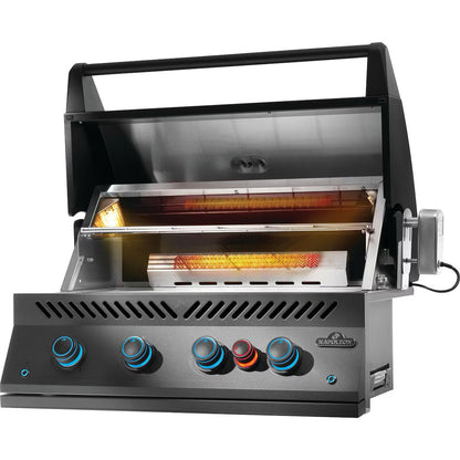 Napoleon Built-In 700 Series 32" with Infrared Rear Burner Propane, Matte Black with lid open on an angle on a white background