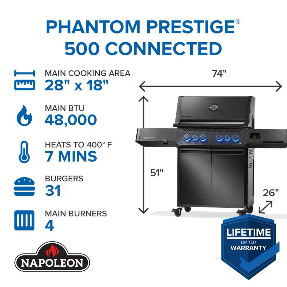 Napoleon Phantom Prestige 500 Connected grill with specifications on a white background