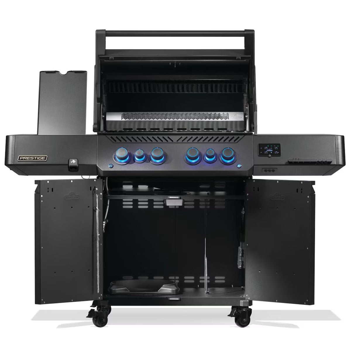 Napoleon Prestige Phantom 500 Connected 4-Burner Grill w/ Rotisserie, WiFi & Bluetooth  with lid and storage cart doors open on a white background