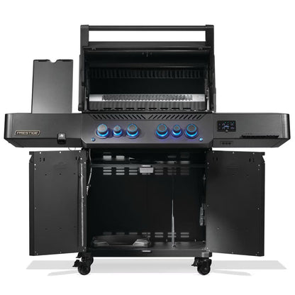 Napoleon Prestige Phantom 500 Connected 4-Burner Grill w/ Rotisserie, WiFi & Bluetooth  with lid and storage cart doors open on a white background
