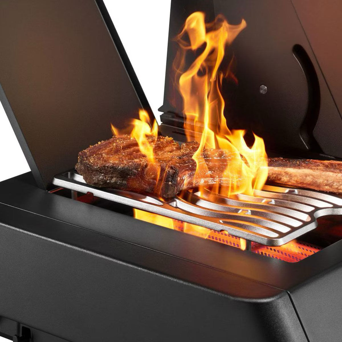 Napoleon Prestige Phantom 500 Connected 4-Burner Grill w/ Rotisserie, WiFi & Bluetooth Sear Zone cooking a steak