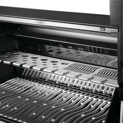 Close-up of Napoleon Prestige Phantom 500 Connected 4-Burner Grill w/ Rotisserie, WiFi & Bluetooth  with metal grates and control knobs