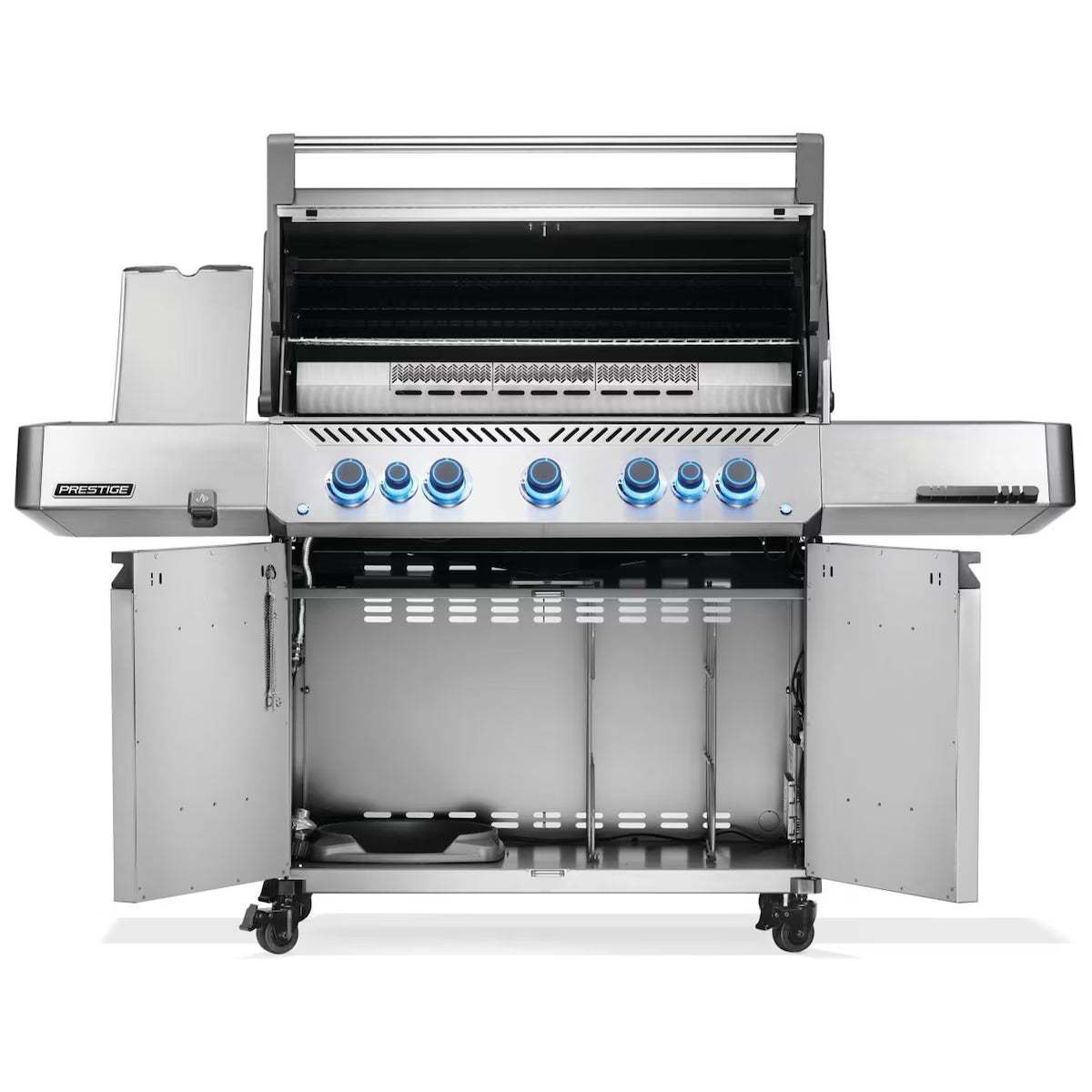 Napoleon Prestige 665 5-Burner Grill with Rotisserie & Side Burner with Lid and Cart doors open on a white background